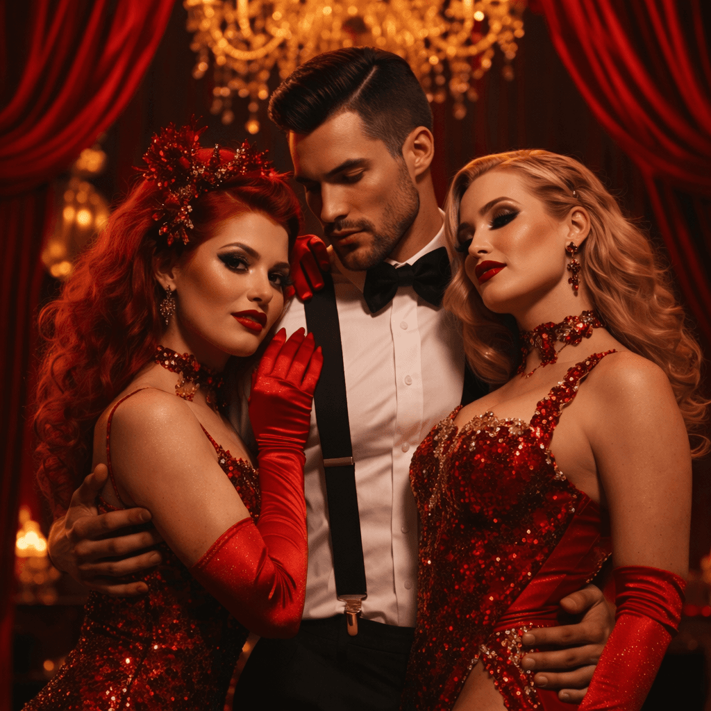 Three performers on stage. Two women besides a man in the middle.